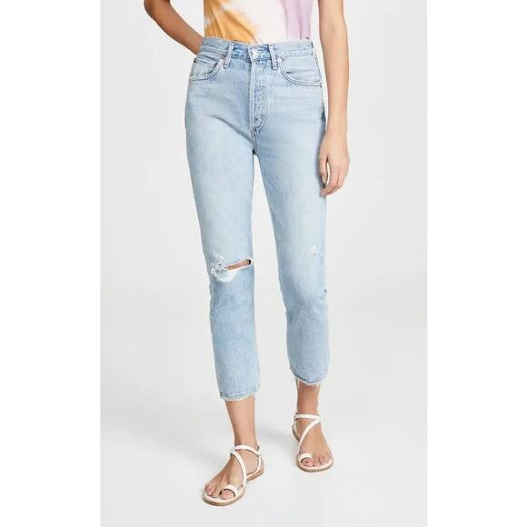 Agolde Riley High Rise Straight Crop in Shatter Button Fly Destroyed Jeans - Picture 11 of 15